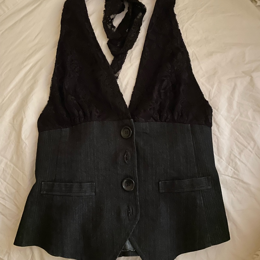 Halter top. Black jean material and lace. Open back.